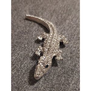 ALLIGATOR PIN BROOCH Clear Rhinestones & Silver Tones 3" Long Unmarked